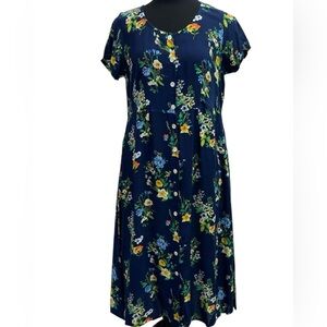 La Cera Navy Floral Short Sleeve Button Front Midi Dress Pockets, [Size XL] NEW